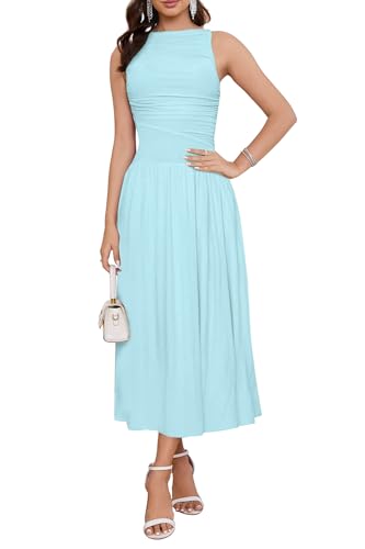 Image of Womens Summer Casual Midi Maxi Dress 2026 Sleeveless Ruched A Line Flowy Cocktail Wedding Guest Beach Long Sundress
