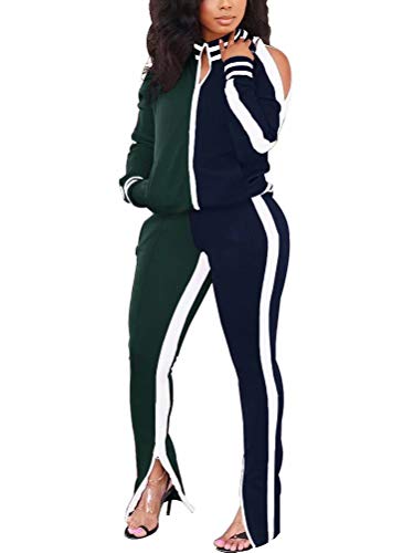 RAMOUG High Waist 2 Piece Pants Outfits for Women Sexy Zip Up Cold Shoulder Jacket Tracksuit XXL Green Navy
