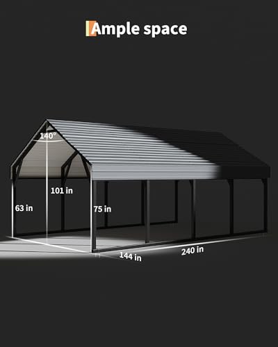 Image of GarveeLife 12x20 ft Metal Carport, Reinforced Frame and Steel Roof for All-Weather Use, Permanent Shelter for Bass Boats, Full-Sized Pickup Trucks, and Tractors