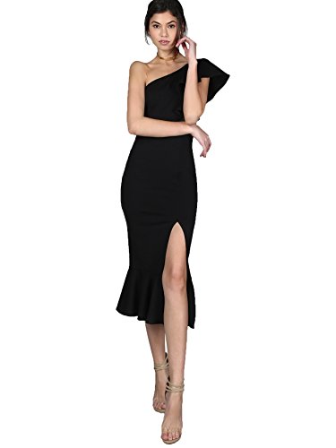 Floerns Women's Ruffle One Shoulder Split Midi Party Bodycon Dress Black L