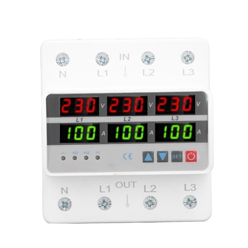 Voltage Current Protector, AC220V 380V 100A 3 Phase DIN Rail Protective Device Over Under Voltage Current Limiting Self Resetting Protector for Home Office Appliance