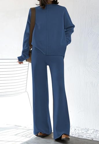 Linsery Women 2 Piece Sweater Sets High Neck Knitted Pullover Wide Leg Casual Sweatsuit2