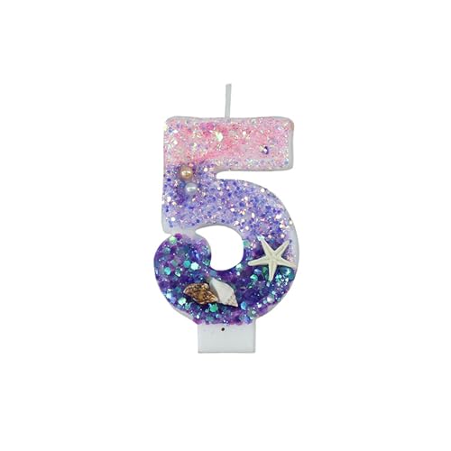 Weenwill Velas de aniversário de sereia para bolos, velas de aniversário, vela com números de 5 com purpurpurina, rosa e púrpura, ornamentos para bolos com lantejoulas 3D para meninas, festas de