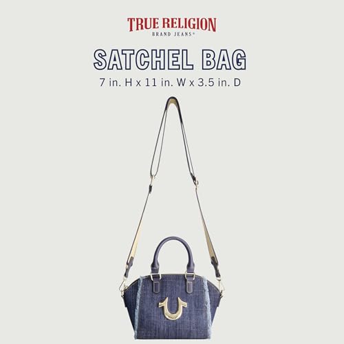 True Religion Satchel Bag, Women's Frayed Denim Purse Shoulder Handbag with Horseshoe Logo, Denim2
