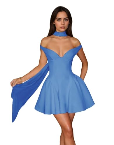 Satin Homecoming Dress with Scarf A Line Short Prom Dresses Off Shoulder Mini Cocktail Party Gown for Women