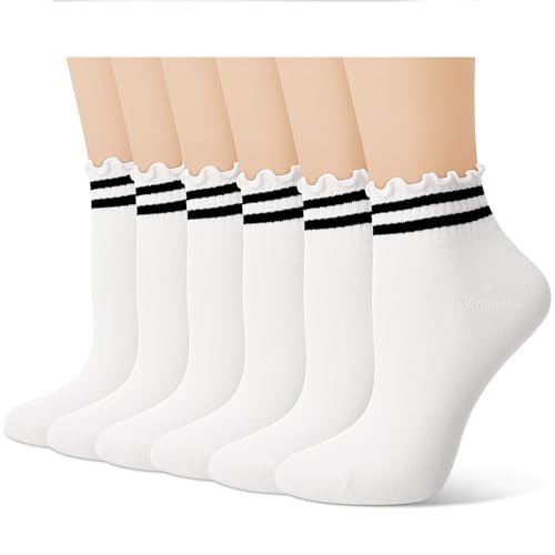 Image of Jspupifip 6 Pairs White Frilly Socks Women Striped Ruffle Socks Woman Cotton Cute White Ankle Socks Breathable Casual Crew Socks for Womens Ladies Girls