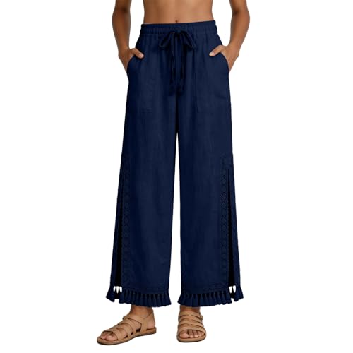 Pantalon large femme style bohème fluide fendu en dentelle pour le quotidien