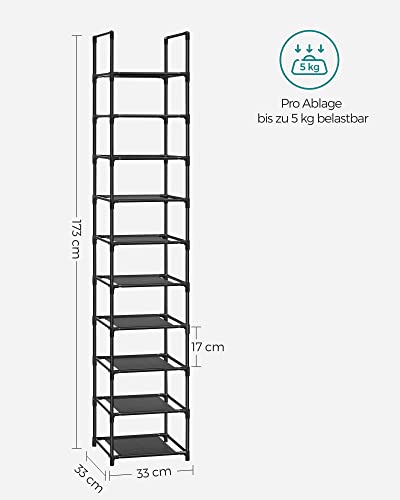 SONGMICS Schuhregal, 10 Ebenen, Schuhablage, Schuhaufbewahrung, schmal, 33 x 33 x 173 cm, Metallgestell, Ablagen aus Vliesstoff, für Flur, Schlafzimmer, schwarz LSR110B02