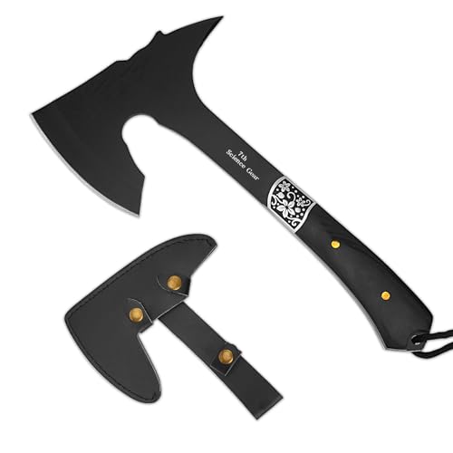 Camping Hatchet Axe with Leather Sheath – 13' Full Tang Compact Survival Tomahawk with Wood Handle for Outdoor Backpacking, Bushcraft, Hiking, and Camping