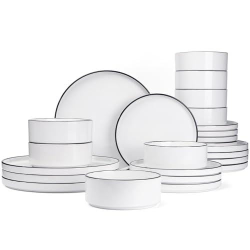 Image of Famiware Nebula Plates and Bowls Set, 24 Pieces Dinnerware Sets, Dishes Set for 8, White with Black Rim