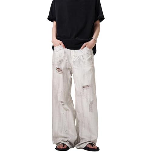 GUOYUXIAO Men's Jeans Summer Retro Distressed Denim Pants Straight-Leg Dropped-Crotch Wide-Leg Pants Trouser for Men2
