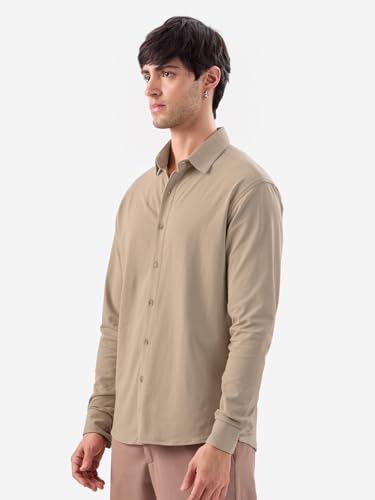 Image of The Souled Store Mudbrown Men and Boys Long Sleeve Collared Neck Button Front Solid Regular Fit Cotton Textured Shirts