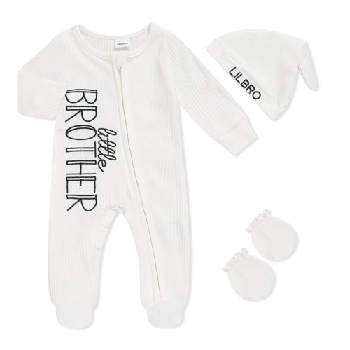 Image of TITKKOP Newborn Baby Boy Outfits Zippered Romper Letter Embroidered Coming Home Jumpsuit with Hat Mittens