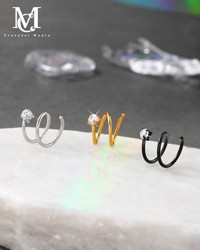 CM Crareesi Mania 3PCS Double Nose Ring Hoop for Single Piercing Pack, 316L Stainless Steel Spiral Twist Nose Hoop, 18G Nose Piercing Hoop for Women Clear CZ Twist Nose Ring4