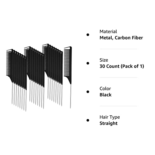 30 Pieces Parting Comb For Braids Hair Rat Tail Comb Steel Pin Rat Tail Carbon Fiber Heat Resistant Teasing Combs With Stainless Steel Pintail (Black) #TOP7