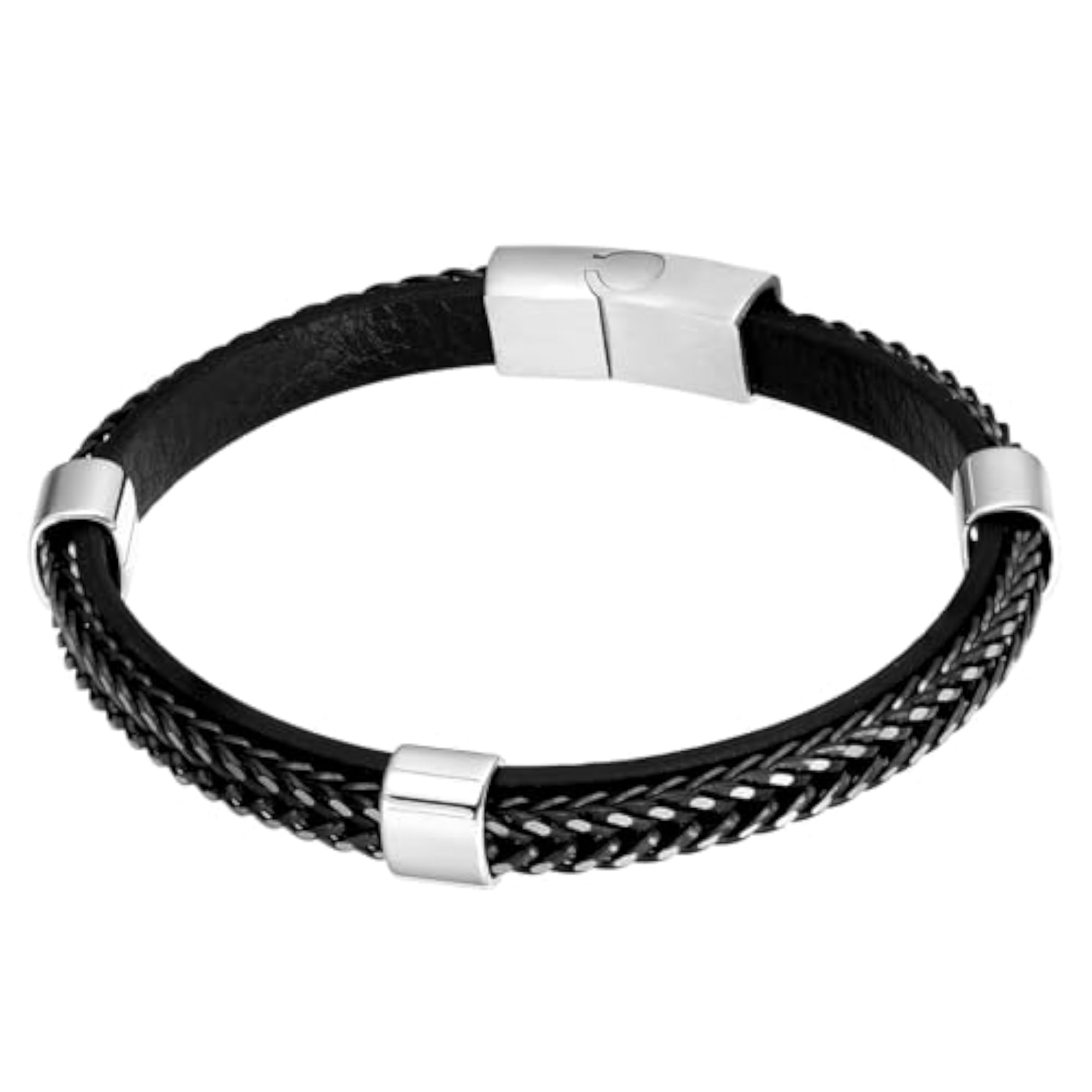 Stainless Steel Black Leather Stylish Bracelet for Men & Boys