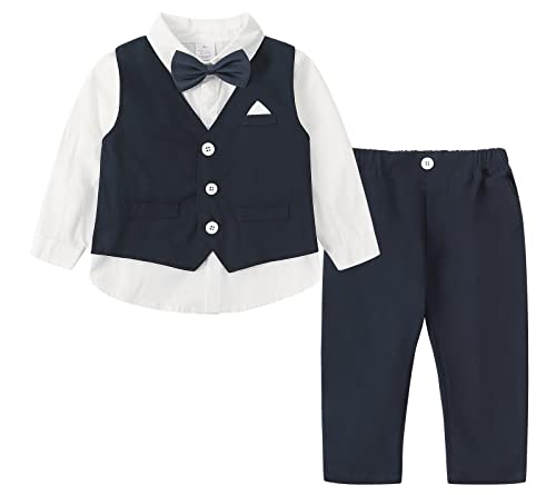 Edjude Traje de caballeros para bebés y niños, camisa formal, chaleco de esmoquin para niños, ropa de fiesta de noche de cumpleaños, Azul marino 02670, 6-12 Meses Cover