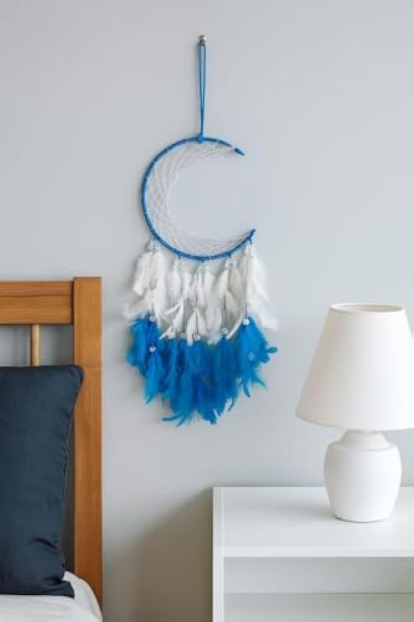 Blue Crescent Moon Dream Catcher with Feathers