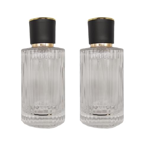 PimyRcyi Glass Spray Bottles for Perfume,3.4oz Empty Clear Vertical Stripes Round Fine Mist Spray Container 100ml,2PCS (Clear+Black)