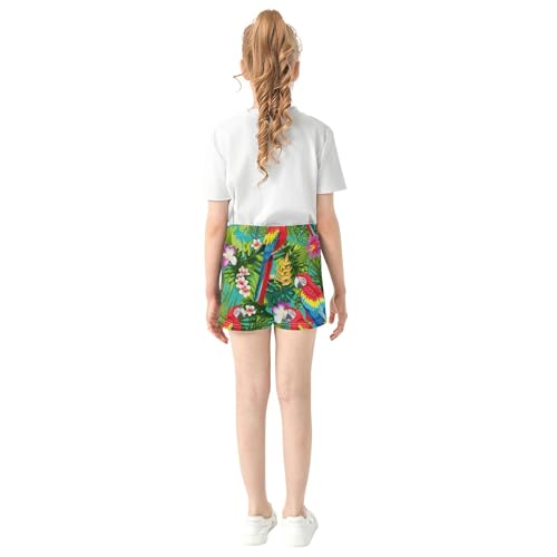 Girls Athletic Shorts Colorful Parrot Tropical Leaves Cute Summer Print Pajama Activewear for Kids Teens, X-Small3
