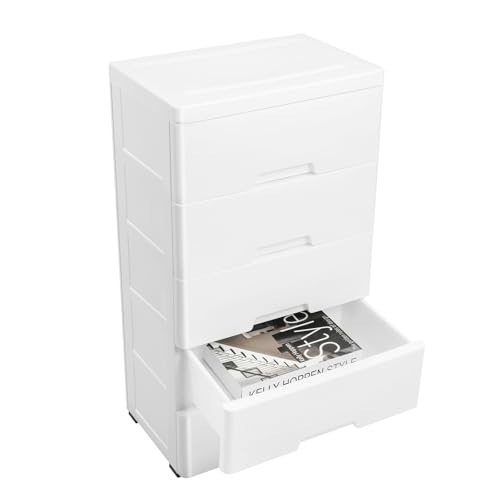 Pxolerig Plastic Drawers Dresser, Storage Cabinet with 5 Drawers,Closet Drawers Tall Dresser Organizer for Clothes,Playroom,Bedroom Furniture, Large Containers Organizer Unit, White