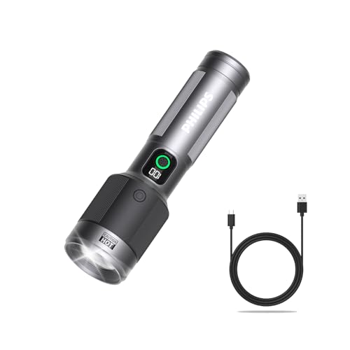 Image of PHILIPS Emergency Light Rechargeable, 60W Handheld Torch Light, 2300 Lumens Super Bright Emergency Lantern, 4500mAh Battery, 850M Coverage, Telescopic Zoom, Aircraft Aluminum Body, Flashlight