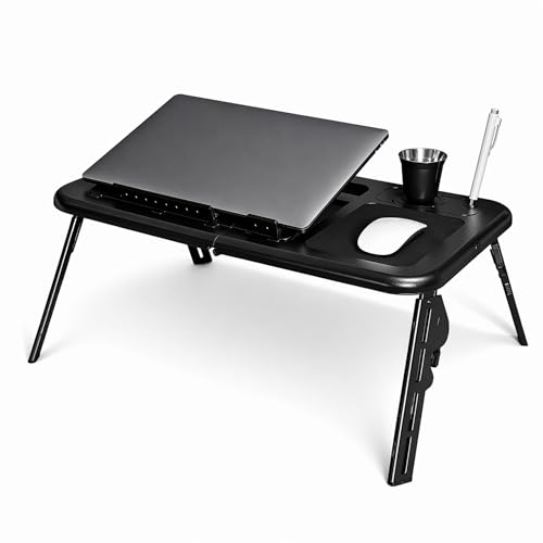 Mesa Dobrável Portátil Articulada para Notebook com 2 Coolers Porta-Copos e Suporte Ergonômico para Home Office Sofá e Cama