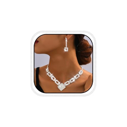Fashband Kristall-Braut-Hochzeitsschmuck-Set, silberne Strasssteine, Halskette und Ohrringe, formeller Modeschmuck für Frauen und Bräute (S-2, Einheitsgröße)