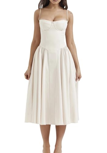 SHINFY Womens Summer Corset Midi Dress Spaghetti Strap Bustier A-Line Flowy Sundress Formal Cocktail Vacation Dress, White, X-Large