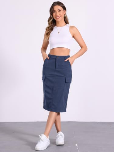 Image of Allegra K Corduroy Cargo Skirts for Women's High Waisted Elastic Back H Line 2025 Fall Midi Skirt
