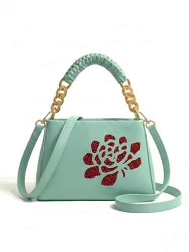 Image of LIKE STYLE Women's PU Sling Bag with Gold Glitter Floral Print | Dual Compartment Crossbody & Shoulder Bag with Braided Handle | Stylish Zip Closure Handbag for Office & Daily Use | Durable Material