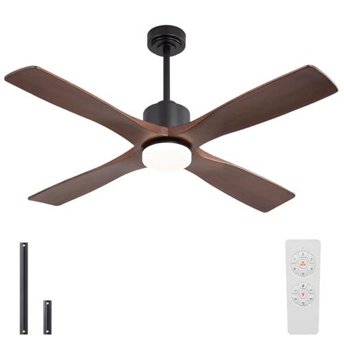 Image of LEDLUX 54 inch Ceiling Fans with Lights -Modern Ceiling Fan with Light, 6-Speed Remote, 4 Solid Wood Blades, Quiet DC Motor, for Bedroom, Living Room, Outdoor, Black with Walnut