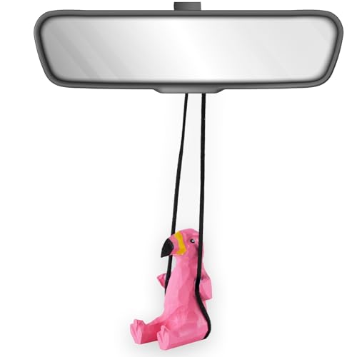VIPbuy Handmade Wooden Swinging Flamingo Car Hanging Ornament - Cute Hand Carved Painted Wood Flamingo Figurine Car Mirror Hanging Accessories Decor Gifts