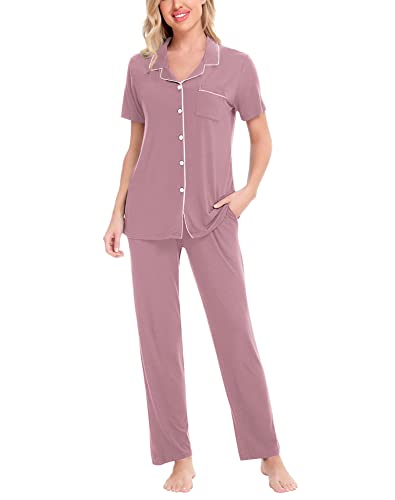 SWOMOG Women Pajama Sets Two-Piece Nightwear Short Sleeve Sleepwear Button Down Pj Lounge Sets with...