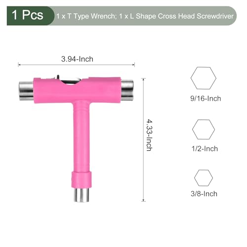 YOKIVE All-in-One Skate Tool Kit, Multi-Tool T Shape Spanner with L-Type Crosshead Screwdriver, Great for Skateboards Replace (Pink, 4-Inch)