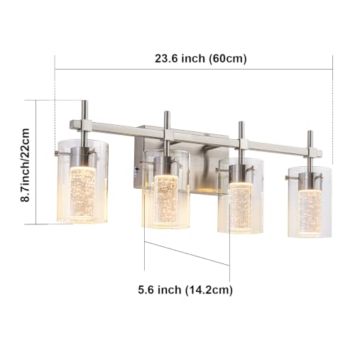 Image of 4-Light Brushed Nickel Vanity Light with 3 Color Modes (3000K /4000K /6000K), Eye Protection LED Bathroom Light Fixture, Dimmable Modern Wall Light Over Mirror with Clear Glass Shade