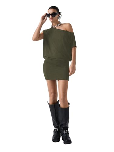 Image of SOLY HUX Women's Off The Shoulder Mini Dress Going Out Asymmetrical Neck Short Sleeve Casual Bodycon T Shirt Dresses