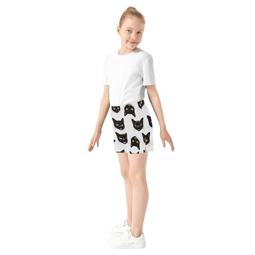 Girls Shorts Cute Black Cat Faces White Comfy Athletic Active Summer Pajama Sleep Shorts for Kids Teens, X-Small4