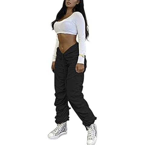 VWIWV Women's Casual Loose Mid Waist Sweatpants Drawstring Ruched Fashion Lightweight Jogger Lounge Trousers Harem Pants Black Cover