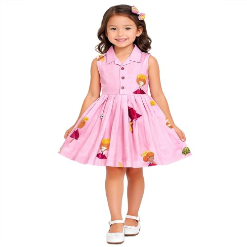 Image of Girls Printed Knee Length Fit and Flare Sleeveless Collar Dress