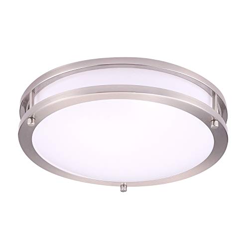 OSTWIN 12-inch Small size LED Ceiling Light Fixture Flush Mount, Dimmable, Round 15 Watt (75W Repl) 3000K Warm White, 1050 Lm, Nickel Finish with Acrylic shade UL and ENERGY STAR listed