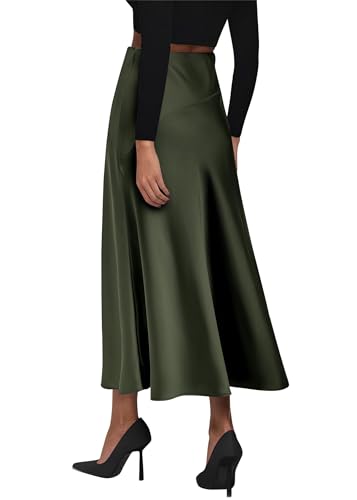 Image of KIRUNDO Women's Satin Maxi Skirt 2026 Summer Fall Trendy High Waisted Wedding Cocktail Party Work Silk A-Line Formal Skirts