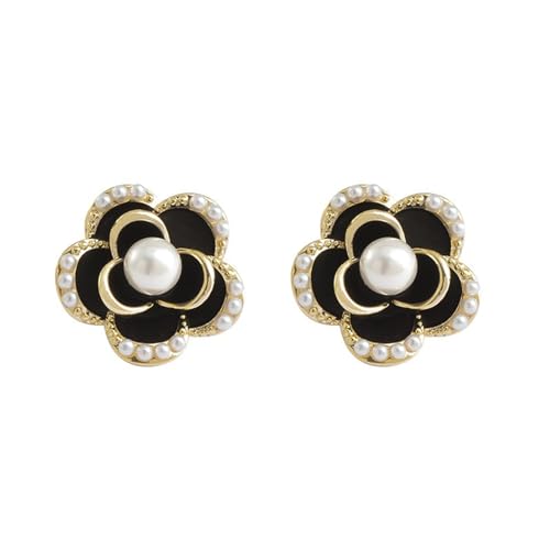 Flower Earrings for Women 2024 Gold Trendy Black Earrings Lightweight Fashion Hypoallergenic Earrings(H-10025-A070G-17mm)