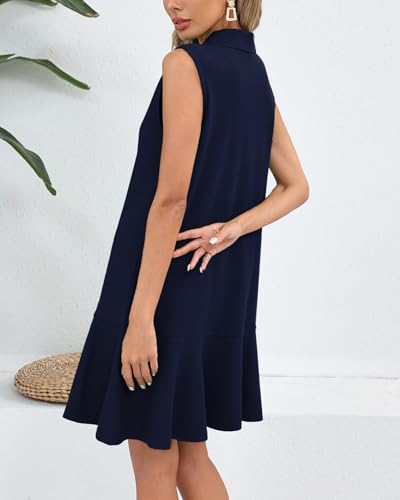 Image of YEXPINE Women's Sleeveless Polo Dress Ruffle Hem Lapel V Neck T-Shirt Summer Mini Dresses
