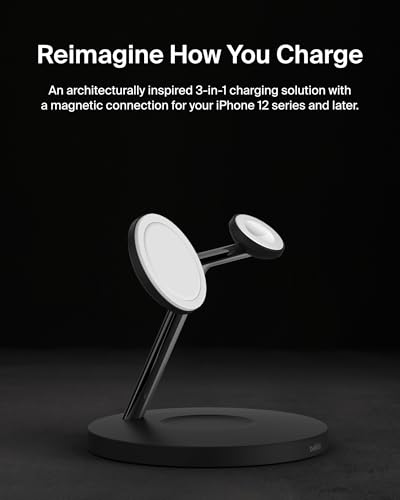 Image of Belkin MagSafe Charger, 3-in-1 Wireless Charging Stand, 2ND GEN, 33% Faster for Apple Watch, iPhone 16, iPhone 15, iPhone 14 Series, AirPods - MagSafe Charging Station for Multiple Devices - Black