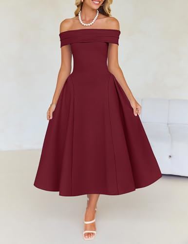 Image of ZESICA Summer 2026 Cocktail Dresses for Women's Off Shoulder Short Sleeve Swing A Line Wedding Evening Party Midi Dress