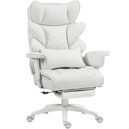 Dowinx Gaming Stuhl, Bürostuhl Ergonomisch mit Taschenfeder-Kissen, Chefsessel mit Doppellagige weiche Rückenlehne und verstellbare Lendenkissen, Armlehnen und Fußstütze, Stoff, Weiß