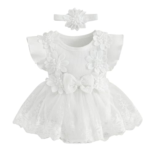 Little Princess Birthday Party Dress Embroidery Flower Lace Tutu Romper Dress Infant Baby Girl Clothes Outfits (Lace White, 12-18 Months)
