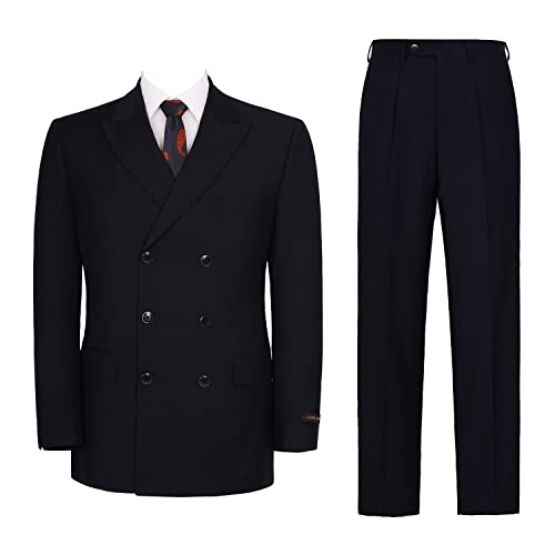 Mens Suits 2 Piece Double Breasted Six Button Classic Fit Business Jacket Blazer Pants Set Navy #TOP4