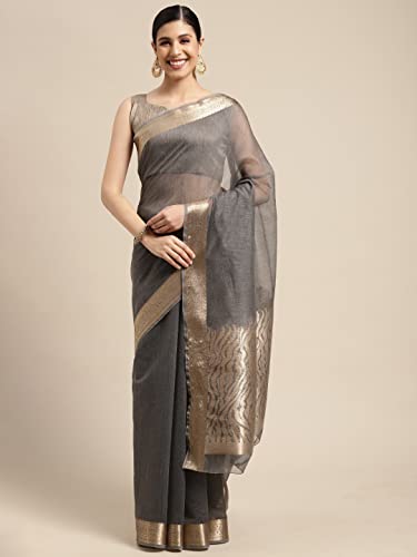 Image of AKHILAM Women's Linen Blend Jacquard Saree With Unstitched Blouse Piece (8SDZ13 Parent)
